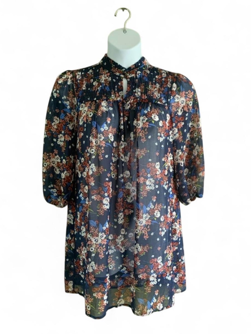 Fairy Boho Sheer Red Camel Navy Floral Smocked Yoke Shirt Dress size M